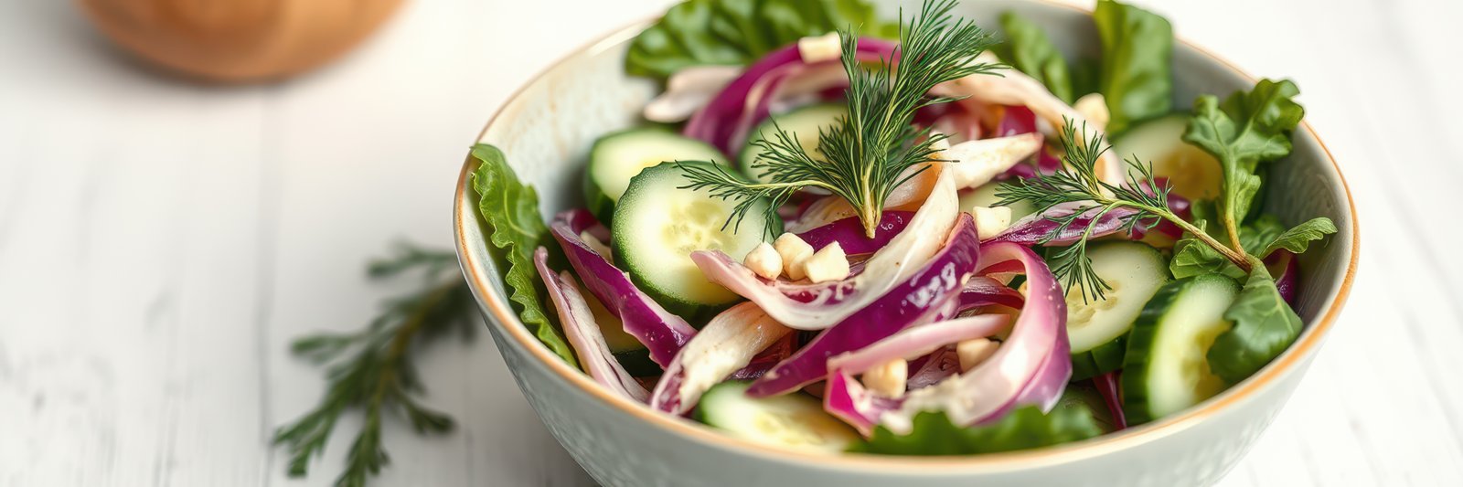 Fresh salad with cucumbers, red onions, and herbs served in a rustic bowl on a wooden table